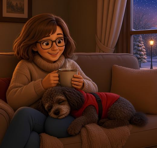Illustration of Roberta and Kayleigh cuddled up on the couch on a snowy night