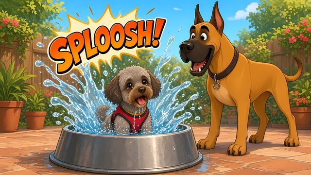Kayleigh making a giant SPLOOSH in Duke's big water bowl