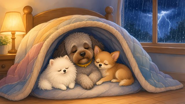 Kayleigh, Pip, and Peaches snuggled under a blanket during the storm