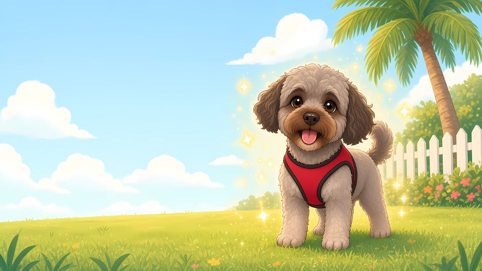 Kayleigh the cavoodle in her red harness, standing proudly in a sunny Florida yard